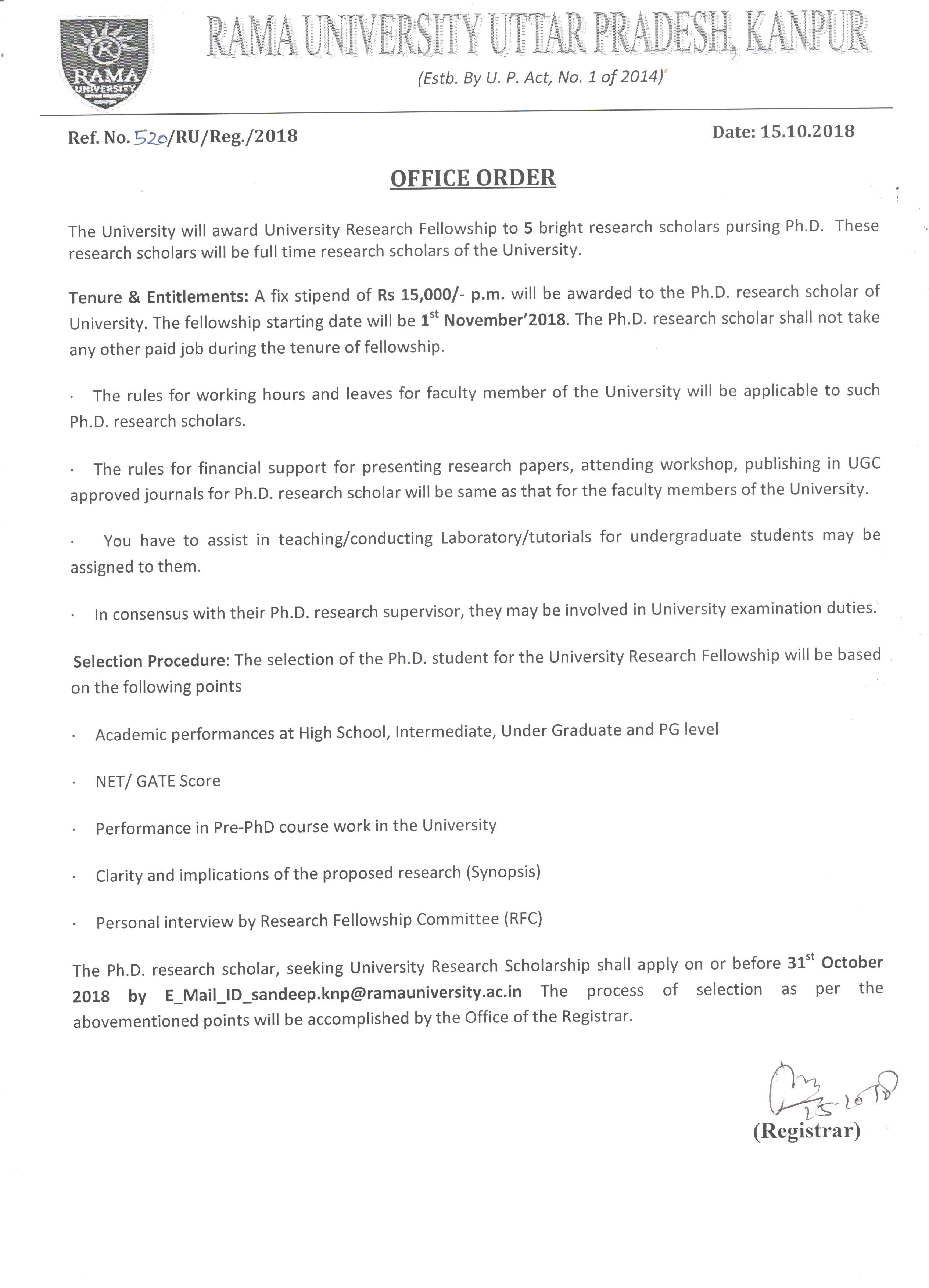 Office Order - Incentive Policies for Students